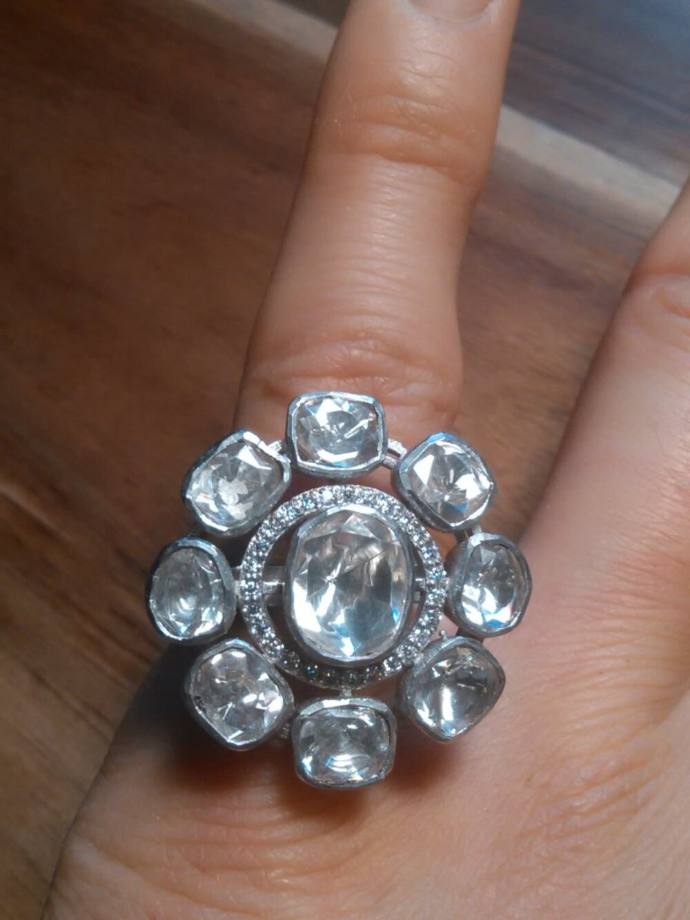 Large Statement White Crystal Sterling Silver Ring (Size 6)